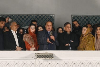 Pakistan's former Prime Minister Nawaz Sharif (C) delivers a speech during a gathering with his supporters a day after Pakistan's national elections. (AFP)